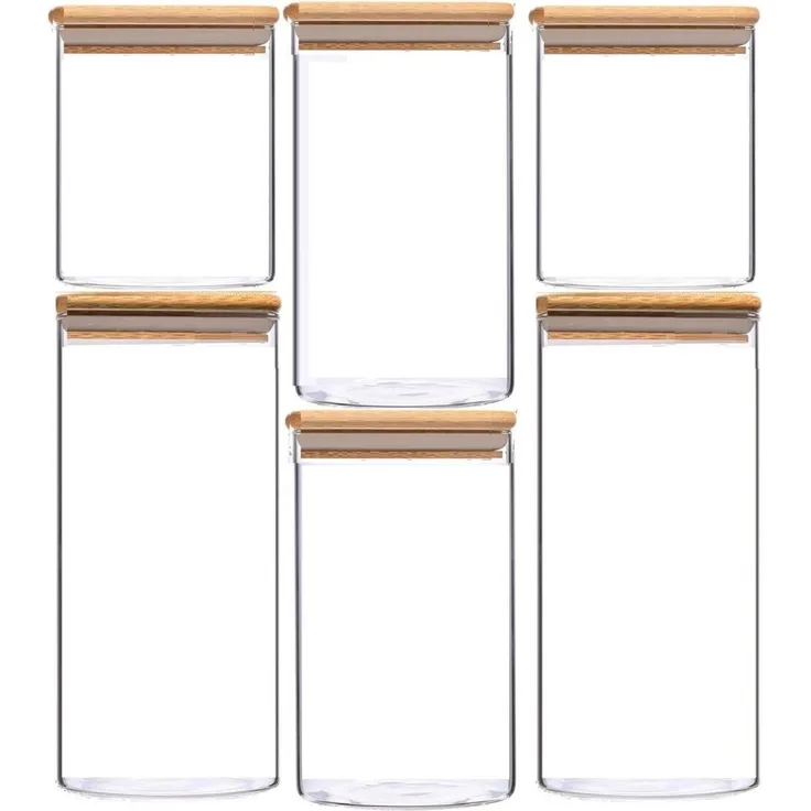 cheffinger 6-teiliges Glas Vorratsdosen-Set mit Bambusdeckel, luftdicht und stapelbar, 2 x 750ml, 2 x 1100ml, 2 x 1500ml