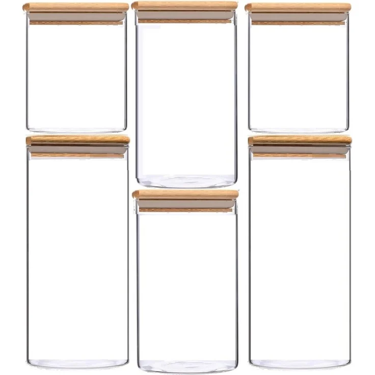 cheffinger 6-teiliges Glas Vorratsdosen-Set mit Bambusdeckel, luftdicht und stapelbar, 2 x 750ml, 2 x 1100ml, 2 x 1500ml
