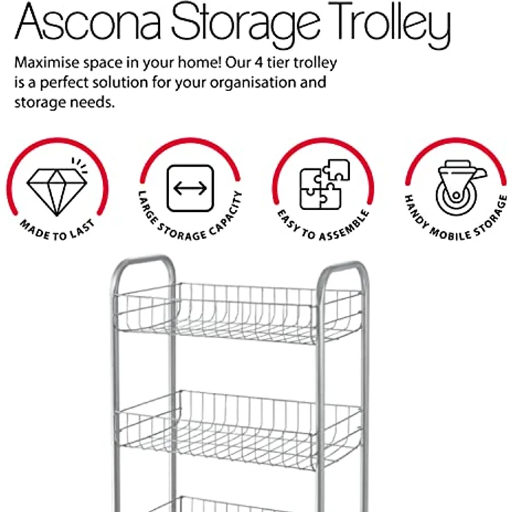 Metaltex Ascona- Mehrzweckwagen mit Rollen, Grau, 41 x 23 x 84 cm – Bild 3