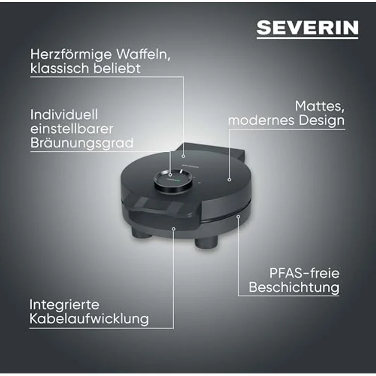 SEVERIN Waffeleisen Black Line WA 2117, Herzwaffeln mit PFAS-freier Beschichtung, 1.000 Watt, schwarz/Edelstahl, mit Kontrollleuchte und Kabelaufwicklung – Bild 2