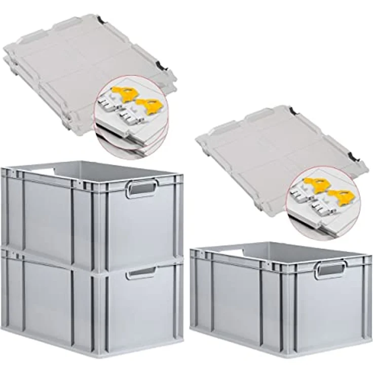 PROREGAL Eurobox NextGen Grip, SuperSparSet 3x mit Scharnierdeckel, 65 L, grau, HxBxT 32x40x60cm, lebensmittelecht, robust und stapelbar – Bild 1