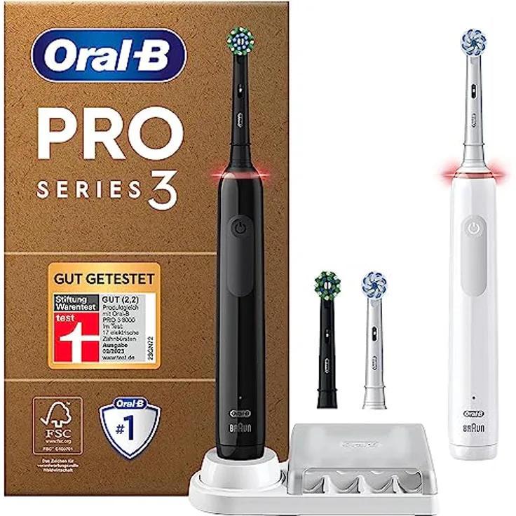 Oral-B Pro Series 3 Plus Edition Doppelpack Elektrische Zahnbürste, 4 Aufsteckbürsten, mit visueller 360° Andruckkontrolle für Zahnpflege, recycelbare Verpackung, Designed by Braun, schwarz/weiß