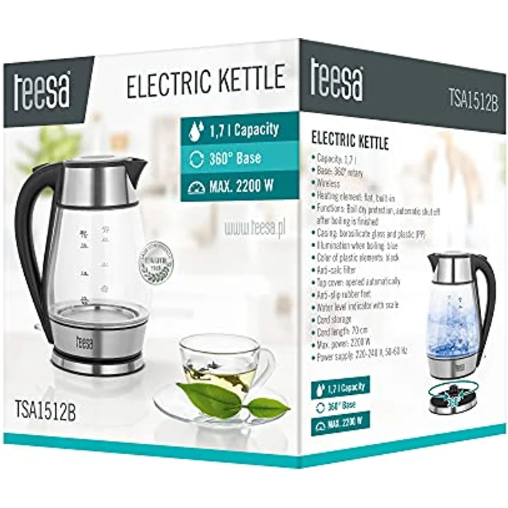 Teesa TSA1512B Glas-Wasserkocher, 2200 Watt, 1,7 Liter, Wasserstandsanzeige, kabellos, silber – Bild 5
