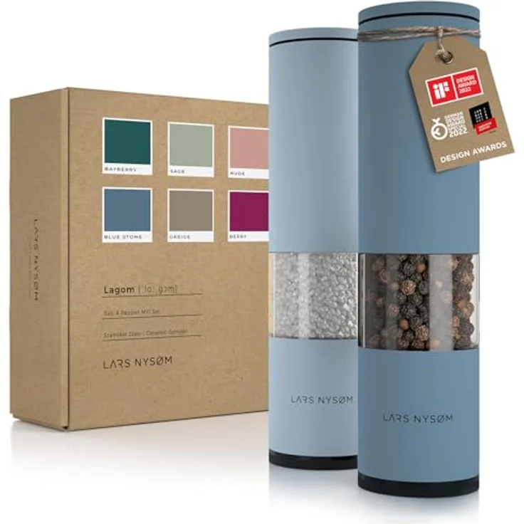 LARS NYSØM Salz und Pfeffer Mühle 2er Set Manuell mit einstellbarem Keramik-Mahlwerk von grob bis fein I Design Gewürzmühlenset (2 Stück) (Blue Stone/Baby Blue) – Bild 1