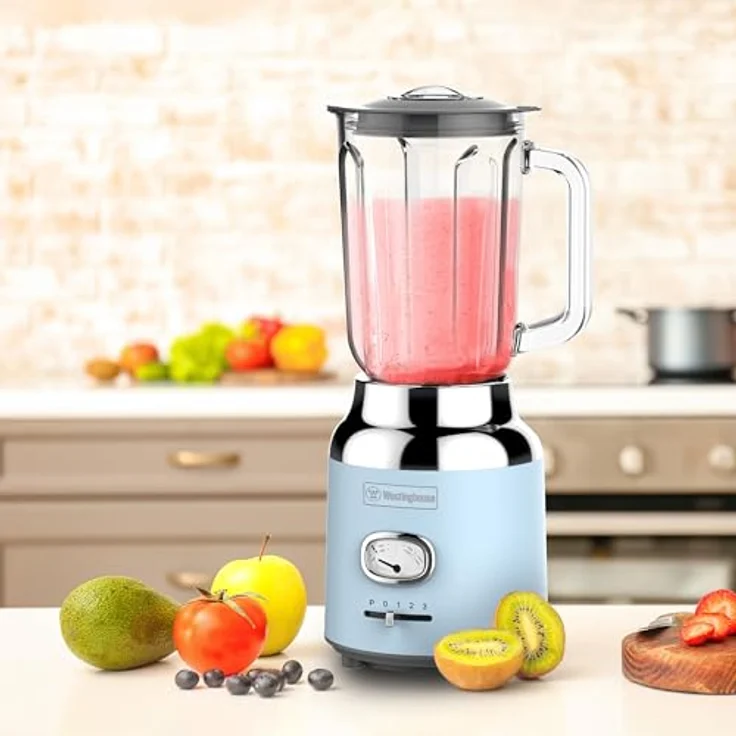 Westinghouse Retro Standmixer, 1.5 Liter Glasbehälter, 3 Geschwindigkeiten, Pulsfunktion, 6 flügliges Spezialmesser, Edelstahl, Rutschfeste Füße, BPA frei, 600 Watt, hellblau – Bild 5