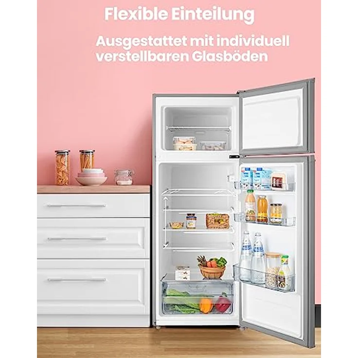 Comfee RCT284DS2 Kühl-/Gefrierkombination/Gefrierteil oben/176 kWh/Jahr/143cm Höhe/LED Licht/Reversibles Türscharnier/Silber – Bild 2