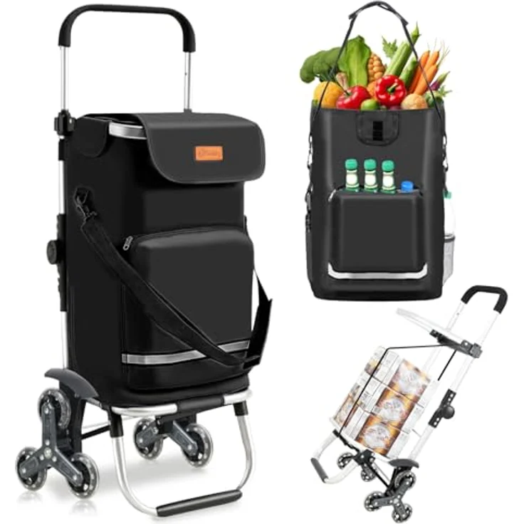 Sekey XXL Einkaufstrolley Treppensteiger mit 3 Rädern, 3-in-1 Aluminium Trolley mit höhenverstellbarem Griff, inkl. Kühlfach und Getränkefach, Schwarz – Bild 1