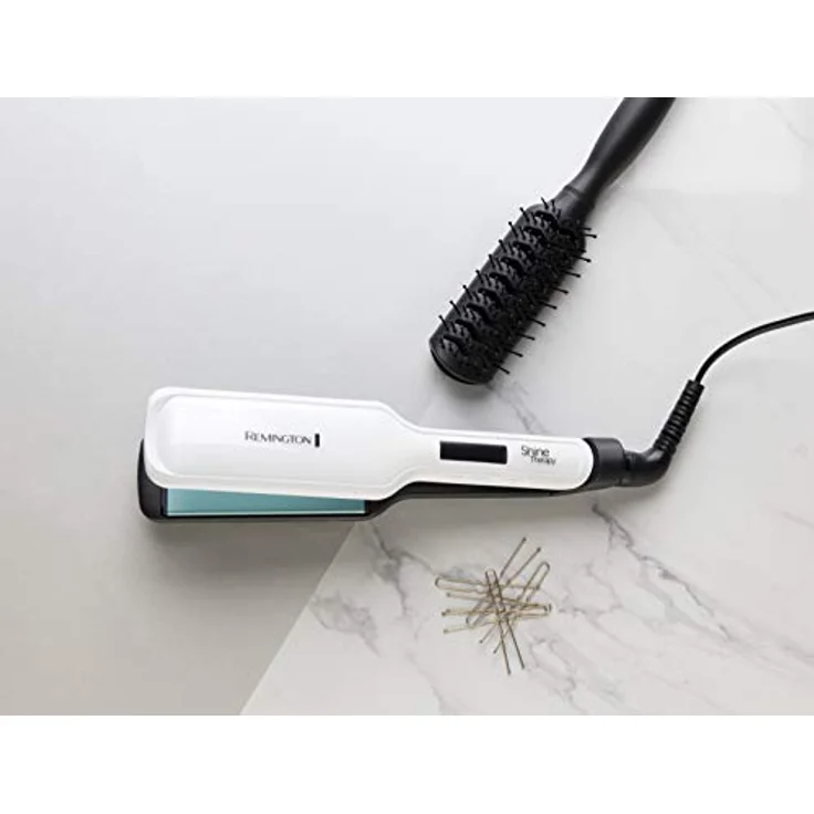 Remington Haarglätter Shine Therapy Wide Plate S8550, breite und federnd gelagerte Stylingplatten, hochwertige Keramikbeschichtung mit marokkanischen Arganöl und Vitamin E, schwarz-weiss für seidig glattes Haar – Bild 2