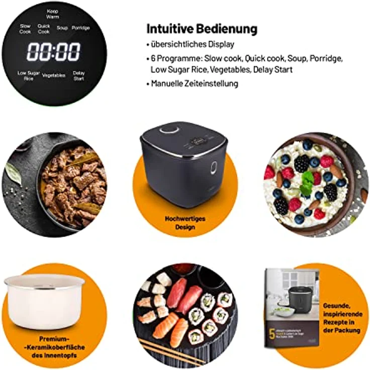 Lauben Low Sugar Reiskocher Rice Cooker 3000 mit Low-Sugar-Funktion, 3l Volumen, 6 modi, verzögerter Start, Warmhalten, Antihaft-Keramikoberfläche spülmaschinengeeignet, Kochbuch, Überlaufschutz (Antracit) – Bild 3