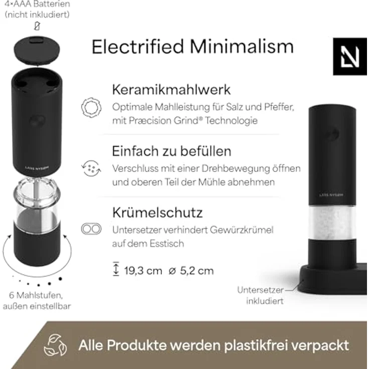 LARS NYSØM Gewürzmühle Kryd, elektrisches Salz- und Pfeffermühlen Set mit stufenlosem Keramikmahlwerk, 2 Stück – Bild 4
