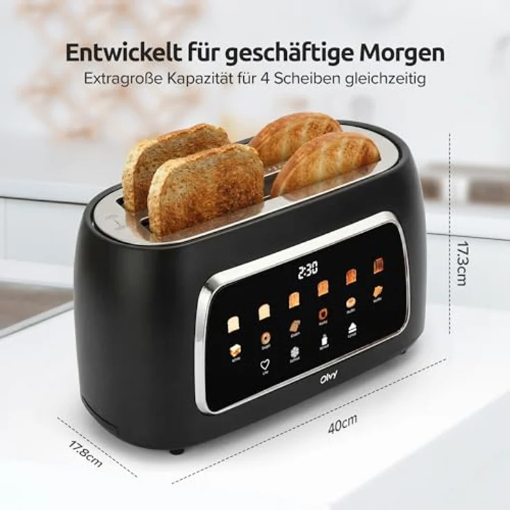 Olvy Premium Toaster mit LCD-Display, Timer & 6 Programmen – Extra breite Schlitze für Bagels – Schwarz – 1500W – Bild 2