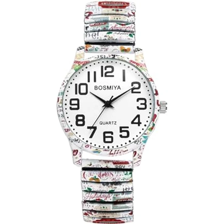 JewelryWe Weihnachtsuhr Damen, Boho Stil mit elastischem Edelstahl Zugarmband, große Ziffern, spritzwassergeschützt, analog Quarz Uhr – Bild 1