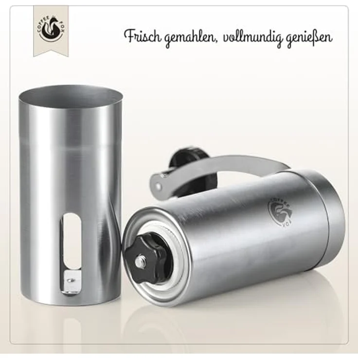 Coffee Fox® Handkaffeemühle, Edelstahl mit Keramik Mahlwerk, stufenlos einstellbar für frischen Kaffeegenuss, ideal für Zuhause und Reisen – Bild 3