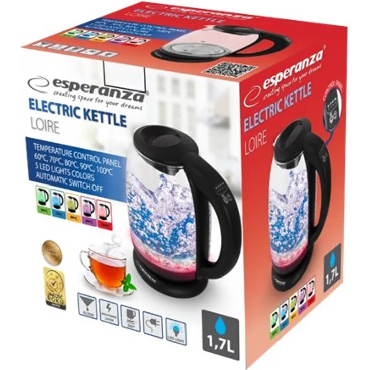 Esperanza EKK027 Wasserkocher 1,7 l 2200 W Schwarz - Transparent - Glas - Kunststoff