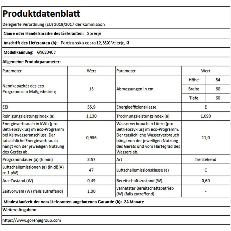 Gorenje GS62040S, Geschirrspüler, E, Geräuschemissionsklasse C, Geräuschemissionen 47 Dezibel – Bild 9