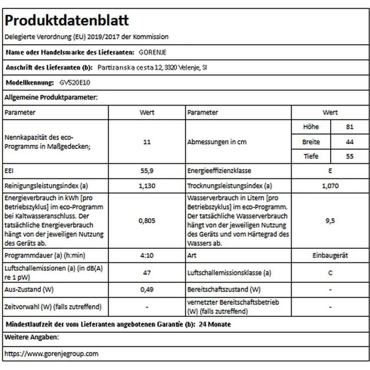 Gorenje GV520E10, Geschirrspüler, E, Geräuschemissionsklasse C, Geräuschemissionen 47 Dezibel – Bild 12