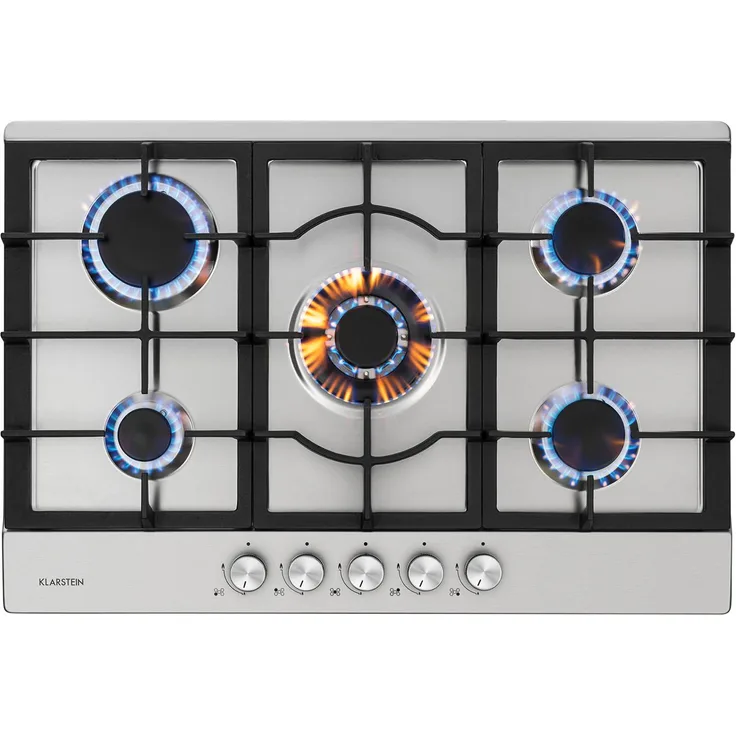 Ignito Domino Gaskochfeld 2-flammig Sabaf-Brenner Glaskeramik schwarz Silber, 5 Brenner