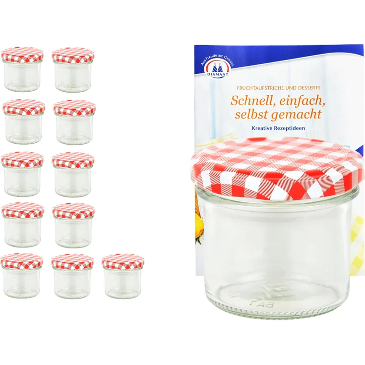 12er Set Sturzglas 125 ml To 66 rot karierter Deckel incl. Diamant-Zucker Gelierzauber Rezeptheft