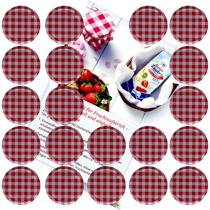 20er Set Deckel To 66 rot kariert passend für 125ml Gläser incl. Diamant-Zucker Gelierzauber Rezeptheft