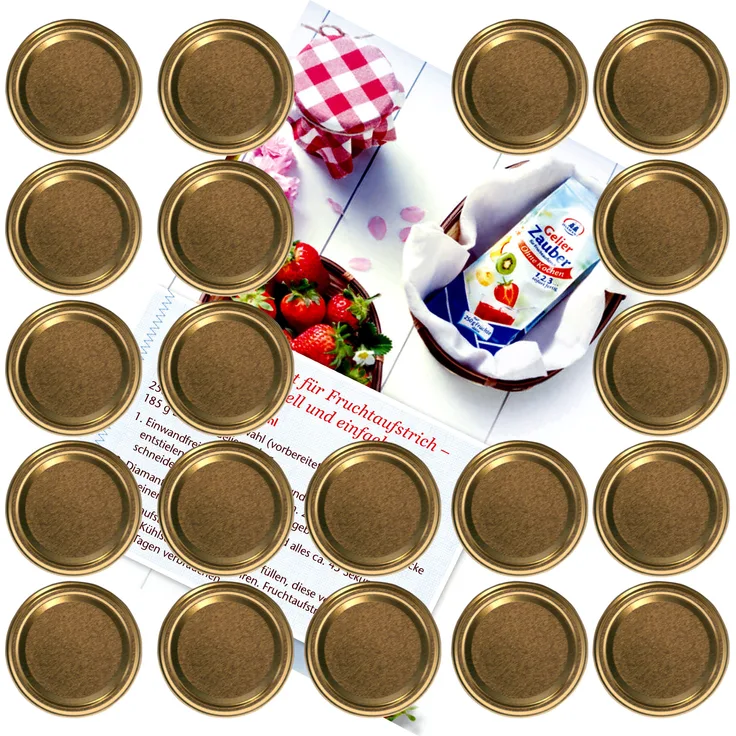 20er Set Deckel To 82 uni gold passend für 230ml / 350ml / 435ml Gläser incl. Diamant-Zucker Gelierzauber Rezeptheft