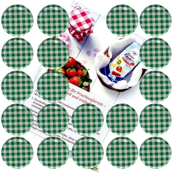 20er Set Deckel To 82 grün kariert passend für 230ml / 350ml / 435ml Gläser incl. Diamant-Zucker Gelierzauber Rezeptheft