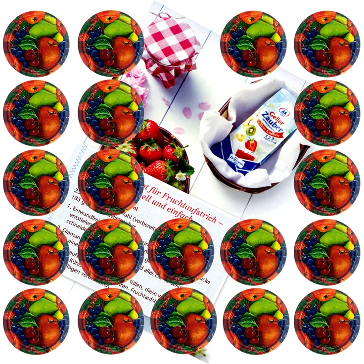 20er Set Deckel To 82 Obst Dekor passend für 230ml / 350ml / 435ml Gläser incl. Diamant-Zucker Gelierzauber Rezeptheft