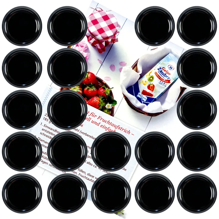 20er Set Deckel To 82 schwarz passend für 230ml / 350ml / 435ml Gläser incl. Diamant-Zucker Gelierzauber Rezeptheft