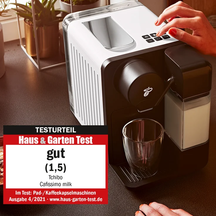 Tchibo Cafissimo milk Kaffeemaschine Kapselmaschine inkl. 30 Kapseln für Caffè Crema, Espresso, Kaffee und Milchspezialitäten, Weiß – Bild 4