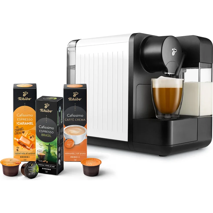 Tchibo Cafissimo milk Kaffeemaschine Kapselmaschine inkl. 30 Kapseln für Caffè Crema, Espresso, Kaffee und Milchspezialitäten, Weiß – Bild 1