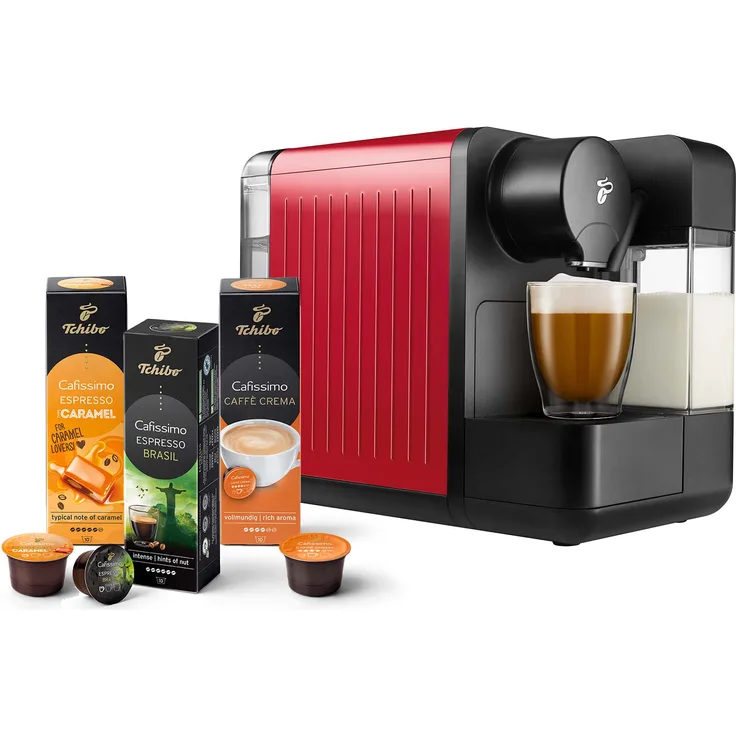 Tchibo Cafissimo milk Kaffeemaschine Kapselmaschine inkl. 30 Kapseln für Caffè Crema, Espresso, Kaffee und Milchspezialitäten, Rot