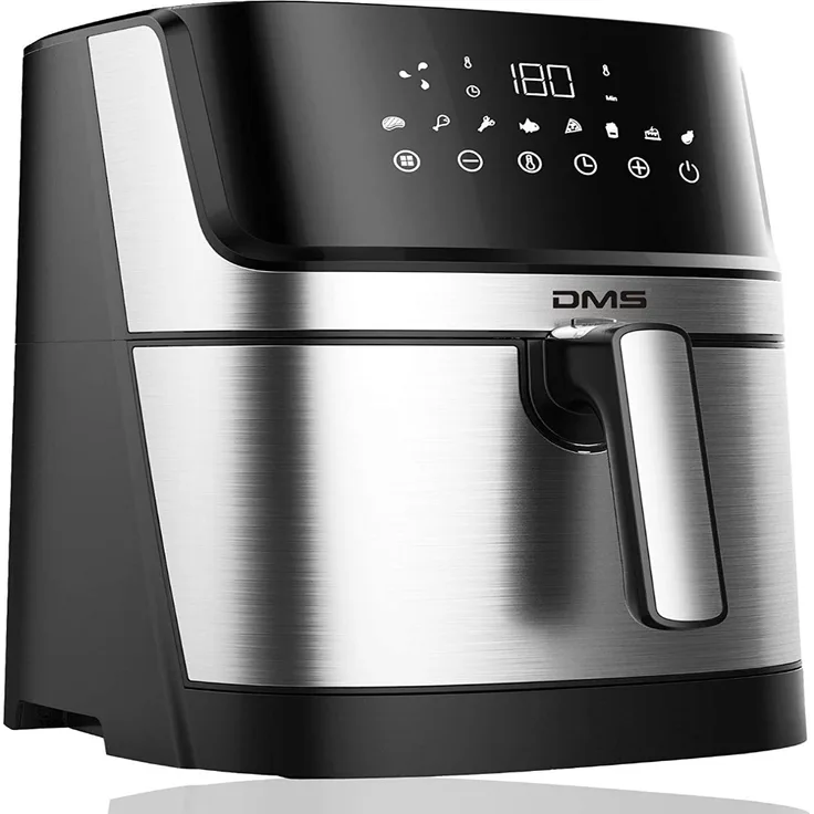 DMS Heißluftfritteuse, ohne Öl, 6 Liter Fassungsvermögen, 1800 Watt, silber, Edelstahl, inkl. 8 Programme