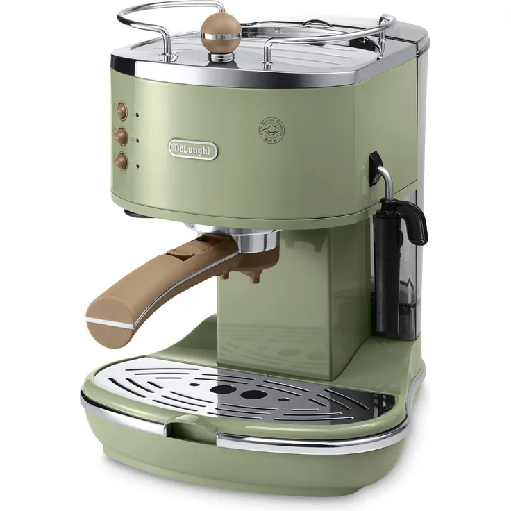 De'Longhi Icona Vintage Espresso Siebträgermaschine KBOV2001.GR - mit professioneller Milchaufschäumdüse, 15 bar, 1,4 l, auch für Pads geeignet, Edelstahl in Retro Look mit Chrom-Details, grün