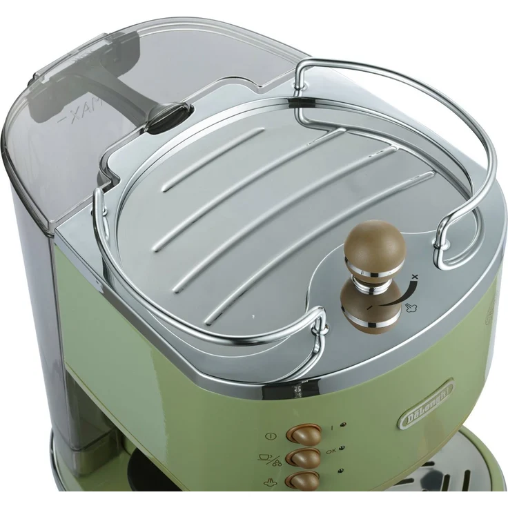 De'Longhi Icona Vintage Espresso Siebträgermaschine KBOV2001.GR - mit professioneller Milchaufschäumdüse, 15 bar, 1,4 l, auch für Pads geeignet, Edelstahl in Retro Look mit Chrom-Details, grün – Bild 5