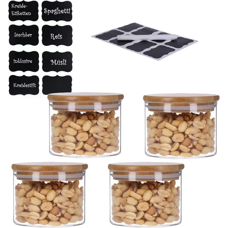 GEORGES 4er Set Vorratsglas mit Bambusdeckel und 8 Kreidetafel- Sticker (4 x 350ml)