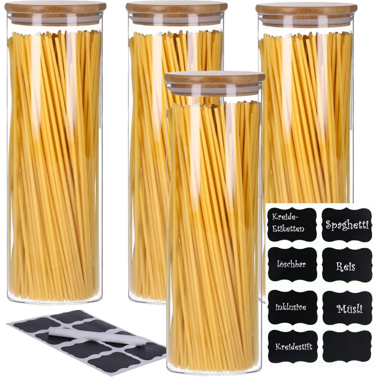 GEORGES 4er Set Vorratsglas mit Bambusdeckel und 8 Kreidetafel- Sticker (4 x 2200ml)