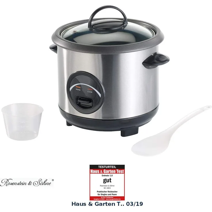 Rosenstein & Söhne Reiskocher mit automatischer Warmhalte Funktion, 300 Watt, 0.6 Liter Fassungsvermögen, Edelstahl, silber
