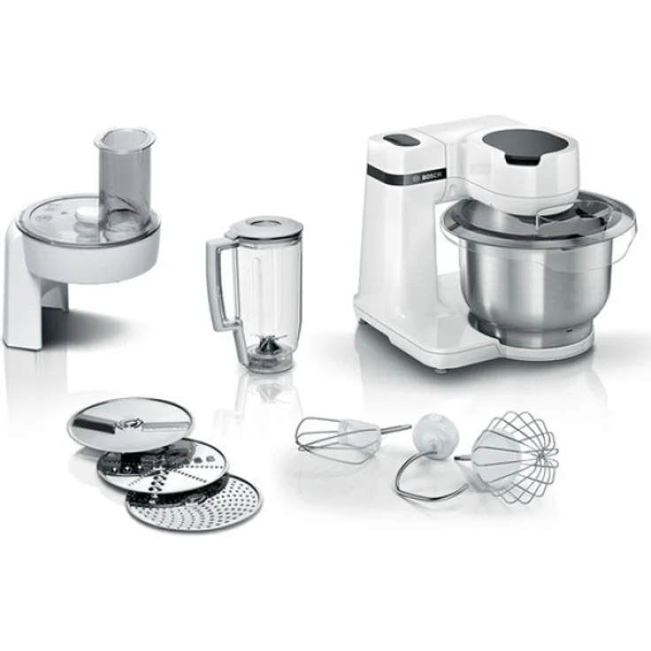 Bosch MUMS2EW20 Küchenmaschine, 700W, 3,8L Schüssel, 4 Arbeitsstufen, inkl. Standmixer, Durchlaufschnitzler, weiß – Bild 1