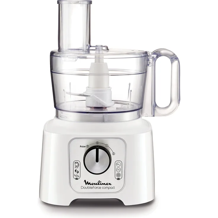 Moulinex FP5441 DoubleForce Compact Foodprozessor, 2,2 l, 2 Geschwindigkeiten, Drehregler, 1,25 l, Kunststoff, weiß, silber