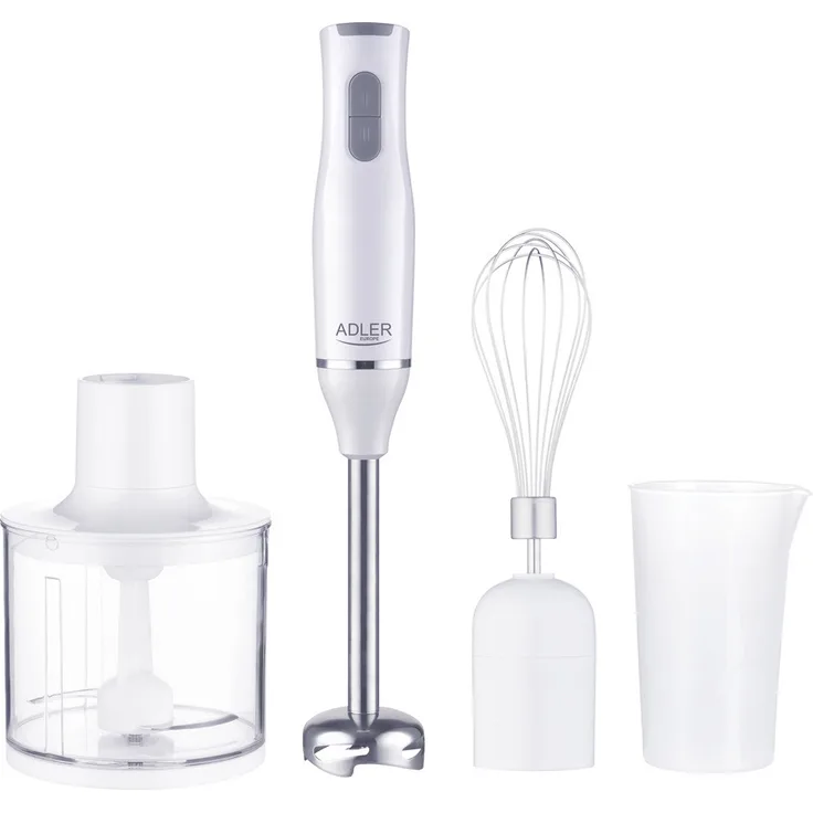 Adler AD 4620 Stabmixer-Set, 500 Watt, 2 Geschwindigkeiten, inkl. Mixbecher (0,75L), Schneebesen, Zerkleinerer (0,45L), Kunststoff, weiß