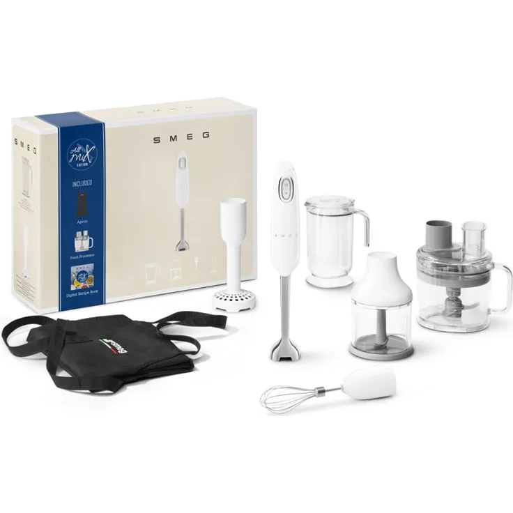 Smeg HBF12WHEU Stabmixer-Set Limited Edition, Design 50's Style, 700W, variable Geschwindigkeiten, inkl Mixbecher (1,4L), Kartoffelstampfer, Zerhacker, Schneebesen, weiß