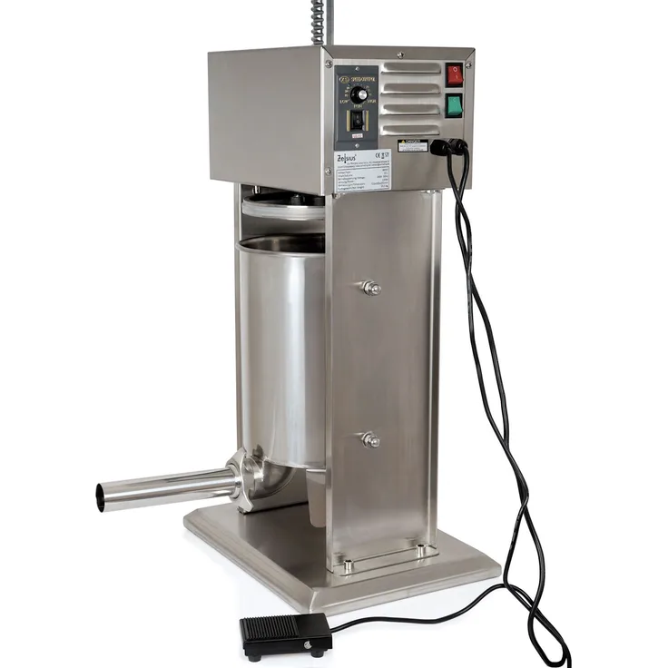 Zelsius Profi Wurstfüllmaschine, elektrisch, 120W, inkl. 4 verschiedene Füllrohre, 10 Liter, mit Fußpedal, Edelstahl, silber
