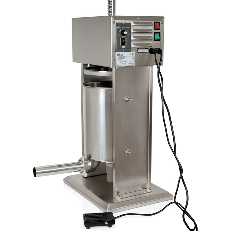 Zelsius Profi Wurstfüllmaschine, elektrisch, 120W, inkl. 4 verschiedene Füllrohre, 10 Liter, mit Fußpedal, Edelstahl, silber – Bild 1