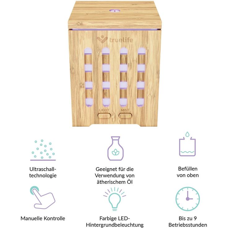 TrueLife AIR Diffuser D7 Bamboo Aromadiffuser & Luftbefeuchterr, bis 25 m², für ätherische Öle geeignet, Inhalt 200 ml, Ultraschall, Geruchsbeseitigung, LED-Hintergrundbeleuchtung, Bambus