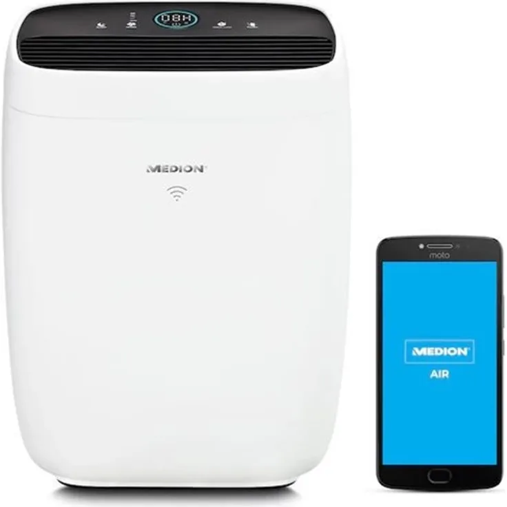Medion MD10378 Luftreiniger mit App Steuerung, 3-in-1 HEPA13-Filter, bis 72 m², CADR 345 m³-h, Luftqualitätsanzeige, Timerfunktion, Schlafmodus, Touch-Bedienfeld, weiß-schwarz
