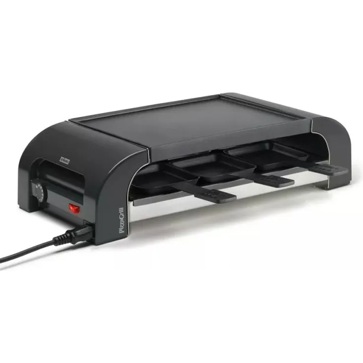 Stöckli PizzaGrill, Raclette, 1200W, Oberhitze stufenlos, für 6, Antihaftbeschichtung, inkl. 6 Pfännchen, 6 Spatel, Teigausstecher, anthrazit