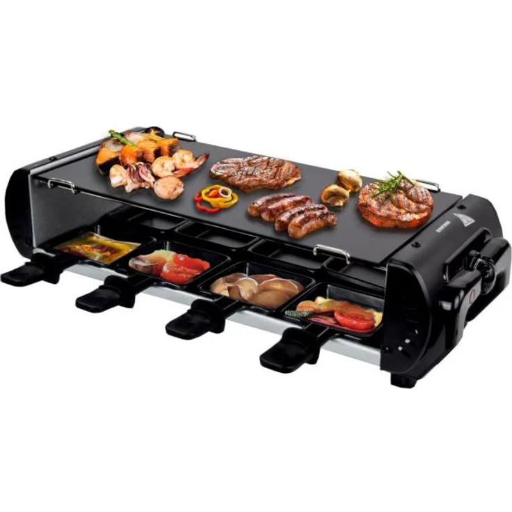 Syntrox Raclette-Grill Sitten, 1200W, Antihaftbeschichtung, für 8 Personen, inkl. 8 Pfännchen, schwarz