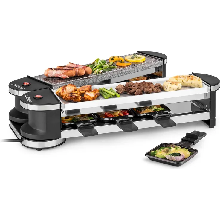 Tenderloin 50-50 Raclette-Grill, 1200W, 8 Personen, Natursteinplatte, Metallgrillplatte, schwarz