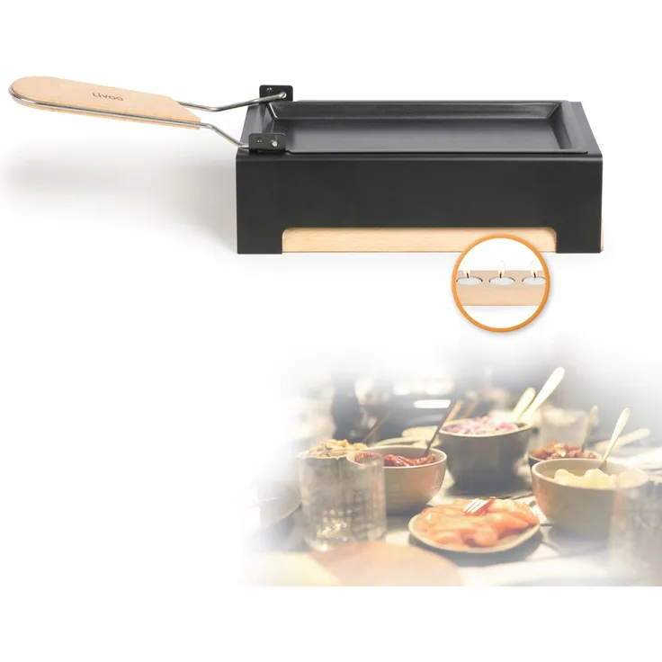 LIVOO Raclette Set 2 Personen Teelicht Camping Kerzen, inkl. Holzspatel und 3 Teelichtern, Griff aus Echtholz