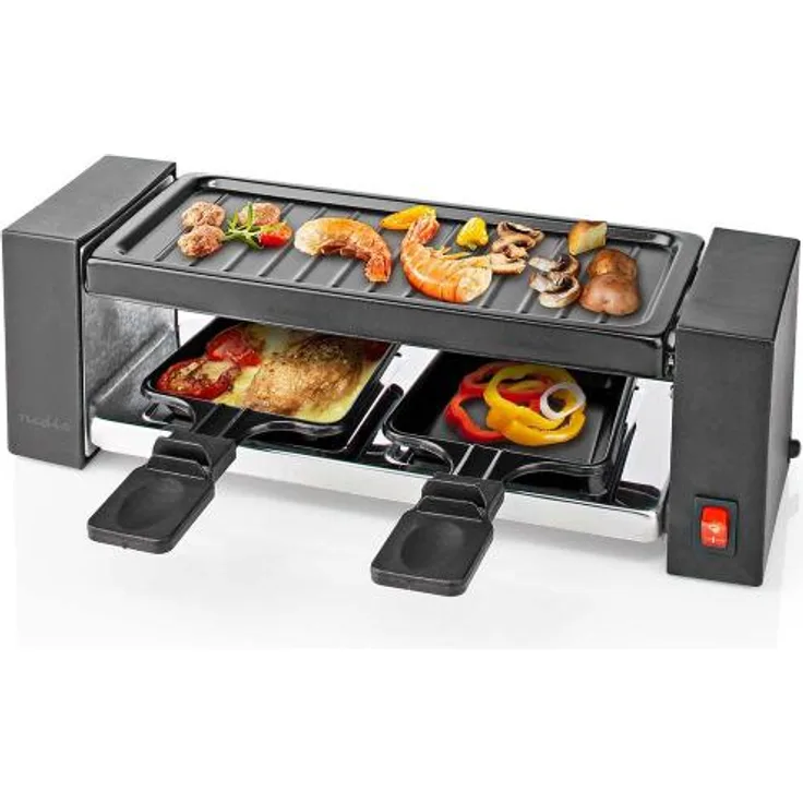 Nedis FCRA210FBK2 Gourmet Raclette-Grill, 400W, 2 Personen, inkl. 2 Pfännchen, 2 Holzspatel, Antihaftbeschichtung, Kunststoff, Metall, schwarz