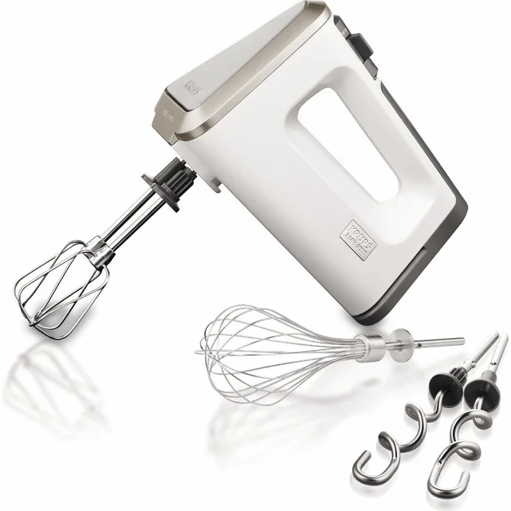 Krups Handmixer 3 Mix 9000 Deluxe GN9011 (500W, stufenlose Geschwindigkeiten mit langsamem Start + Turbotaste, ergonomischer Griff, Schneebesen & Knethaken aus Edelstahl, Messbecher inkl.) weiß
